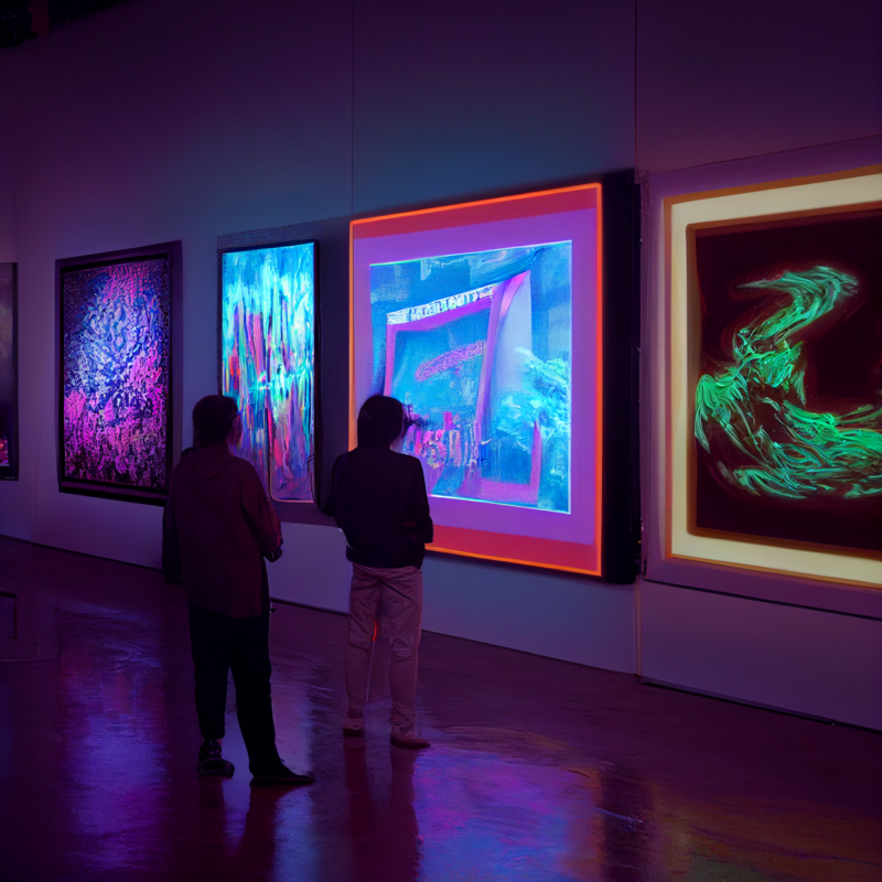 ensemble of contemporary NFT displayed in series of digital neon screen in art gallery